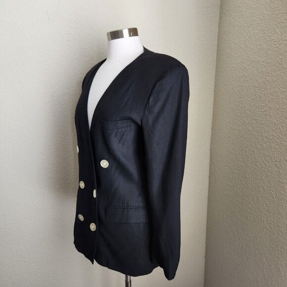 MICHELLE STUART Women size 6 Black Linen‎ Blazer Double Breasted Made in USA - Picture 5 of 16